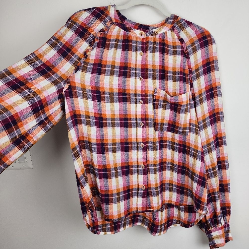 Anthropologie Pilcro Breezy Button Front Plaid Ruffle Blouse Top Shirt - Picture 16 of 16